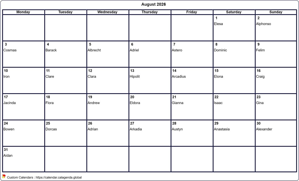 Calendar August 2026 to print blank