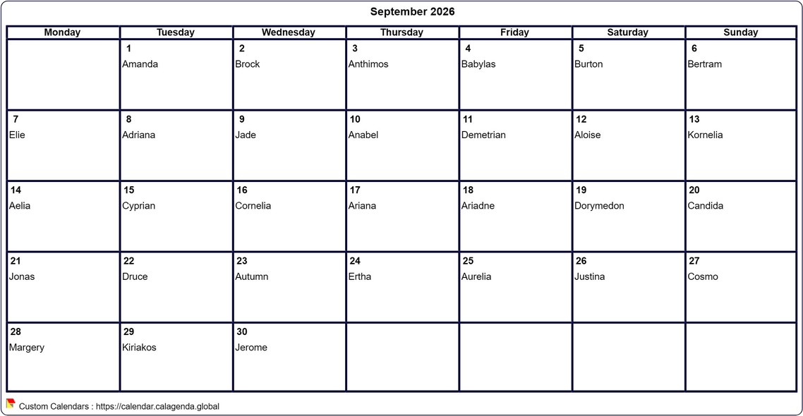 Calendar September 2026 to print blank