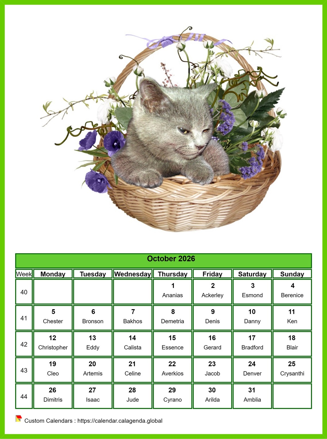 Calendar October 2026 cats