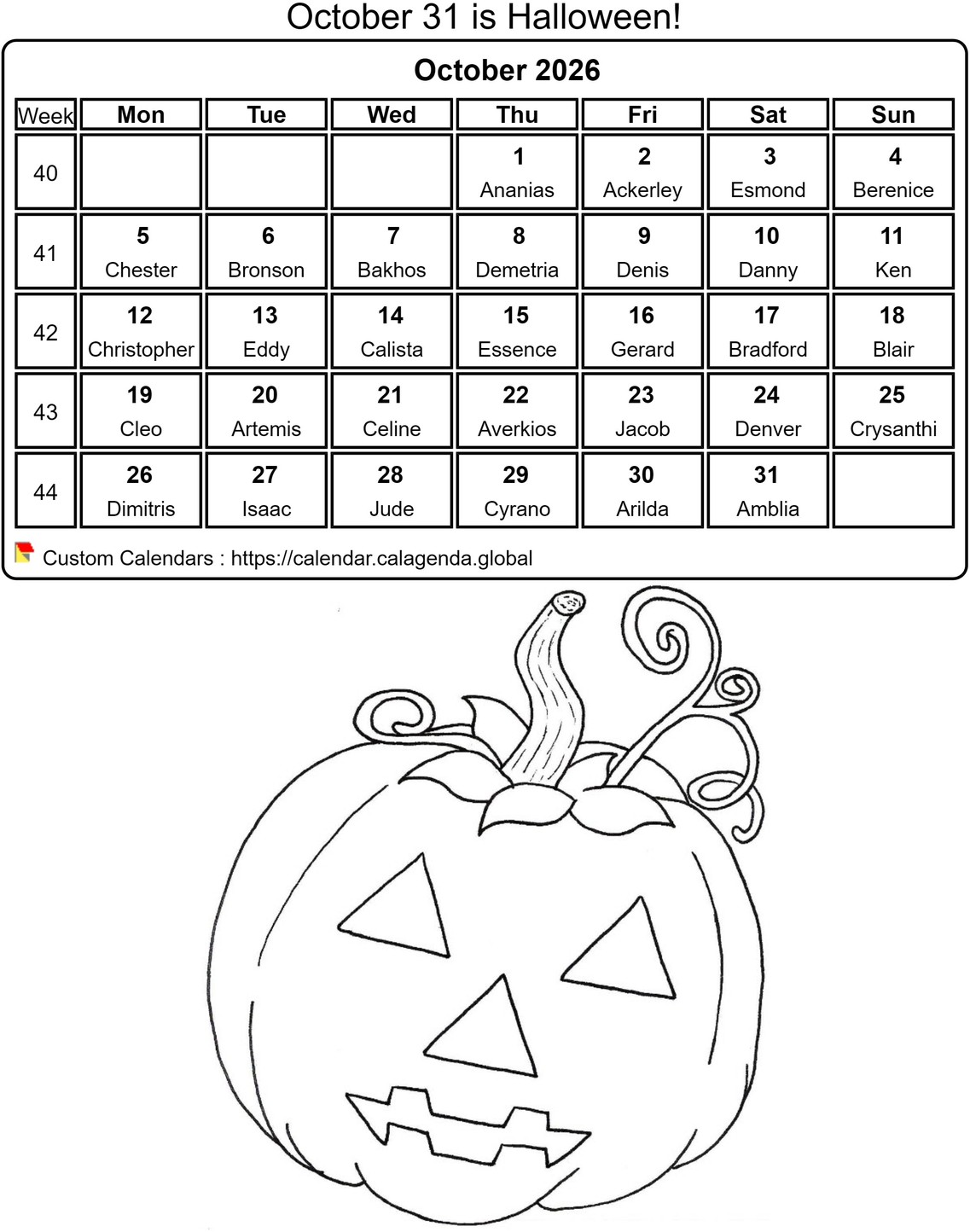 Calendar coloring October 2026