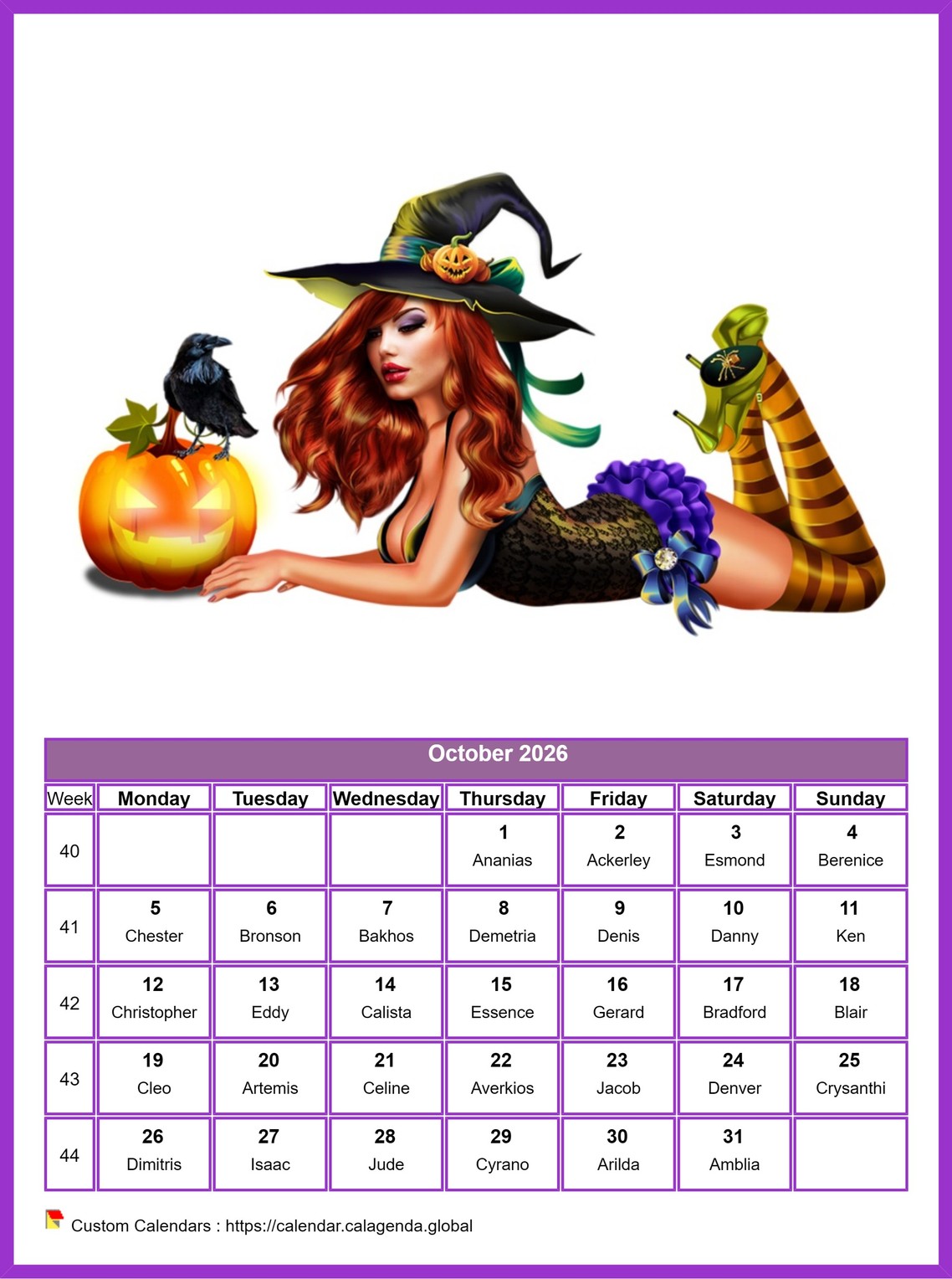 Calendar October 2026 women