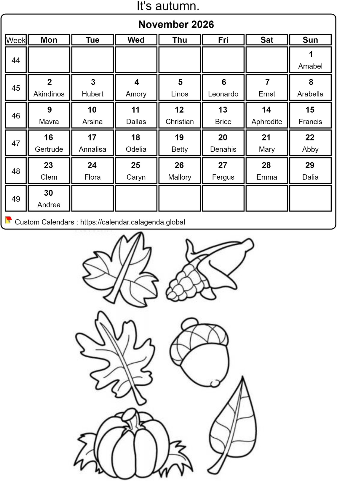 Calendar coloring November 2026