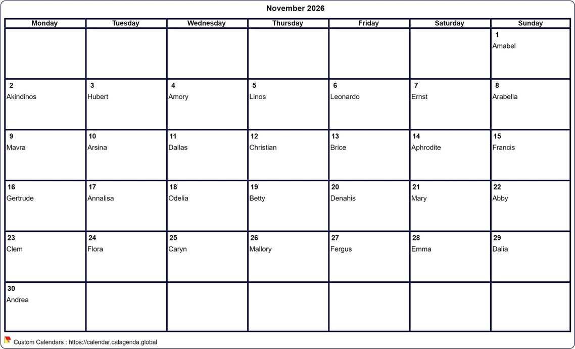 Calendar November 2026 to print blank