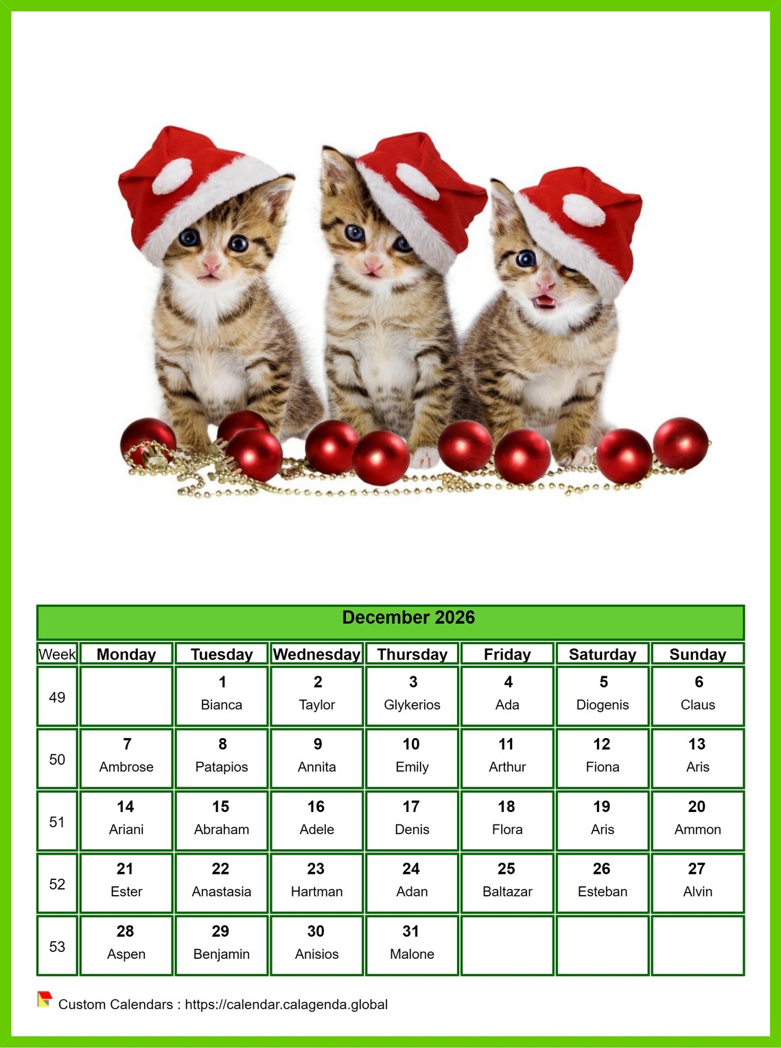 Calendar December 2026 cats