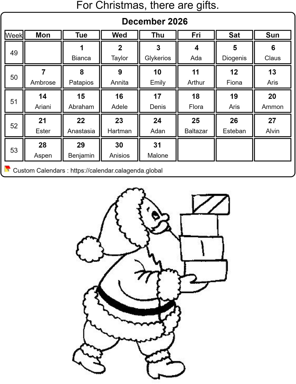 Calendar coloring December 2026