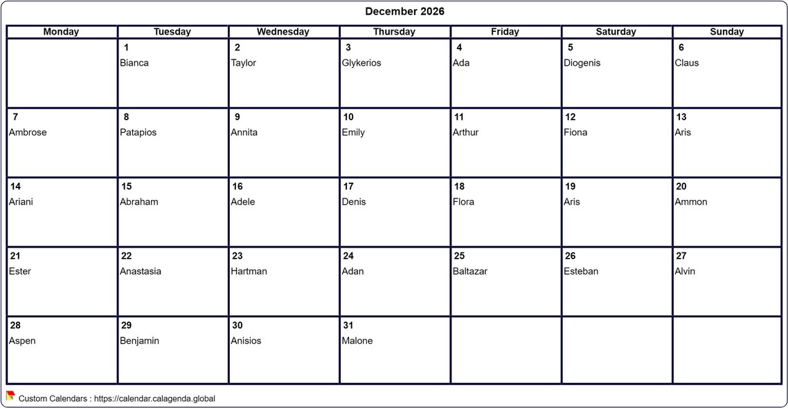 Calendar December 2026 to print blank
