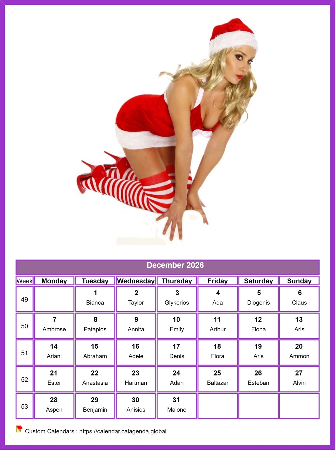 Calendar December 2026 women