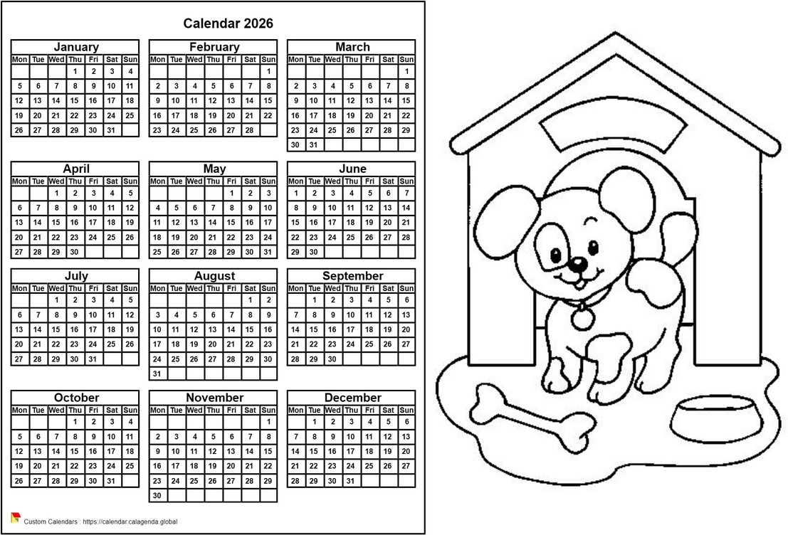 Calendar 2026 to color annual, format landscape, for children