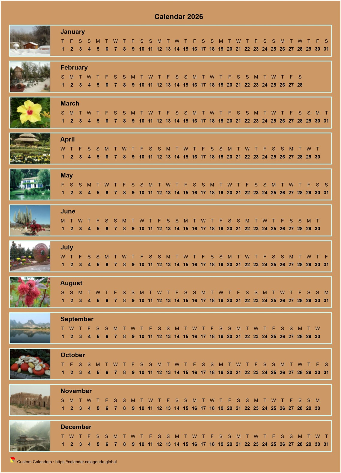 Calendar 2026 annual horizontal with 12 photos