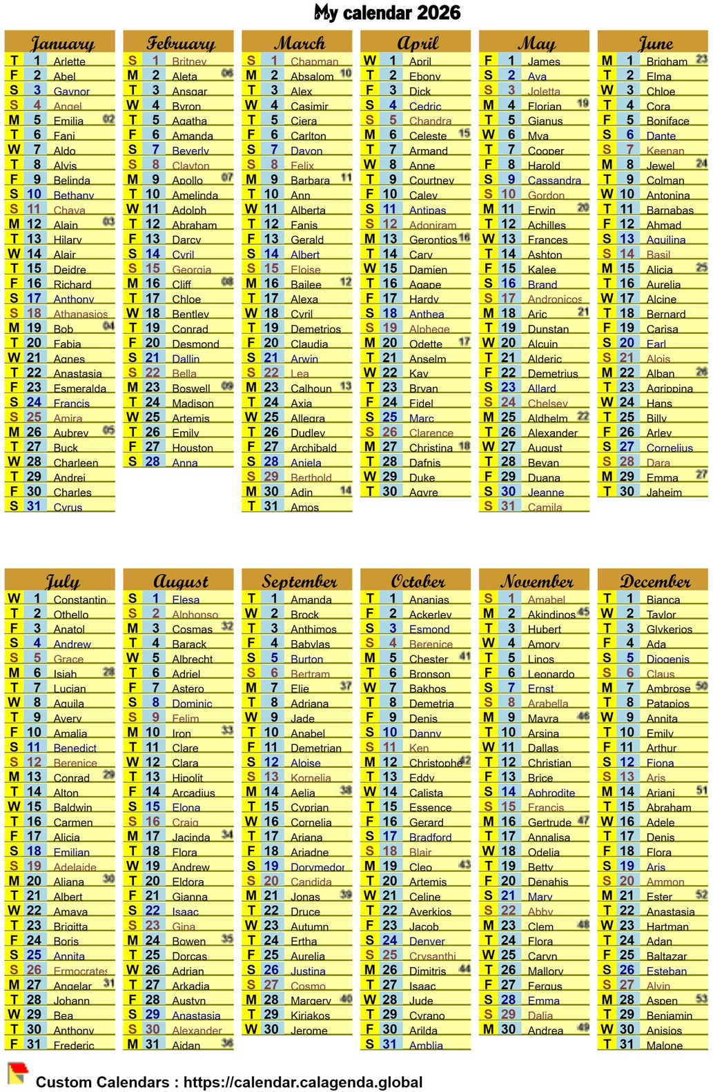 Annual pocket calendar in 10X15 format