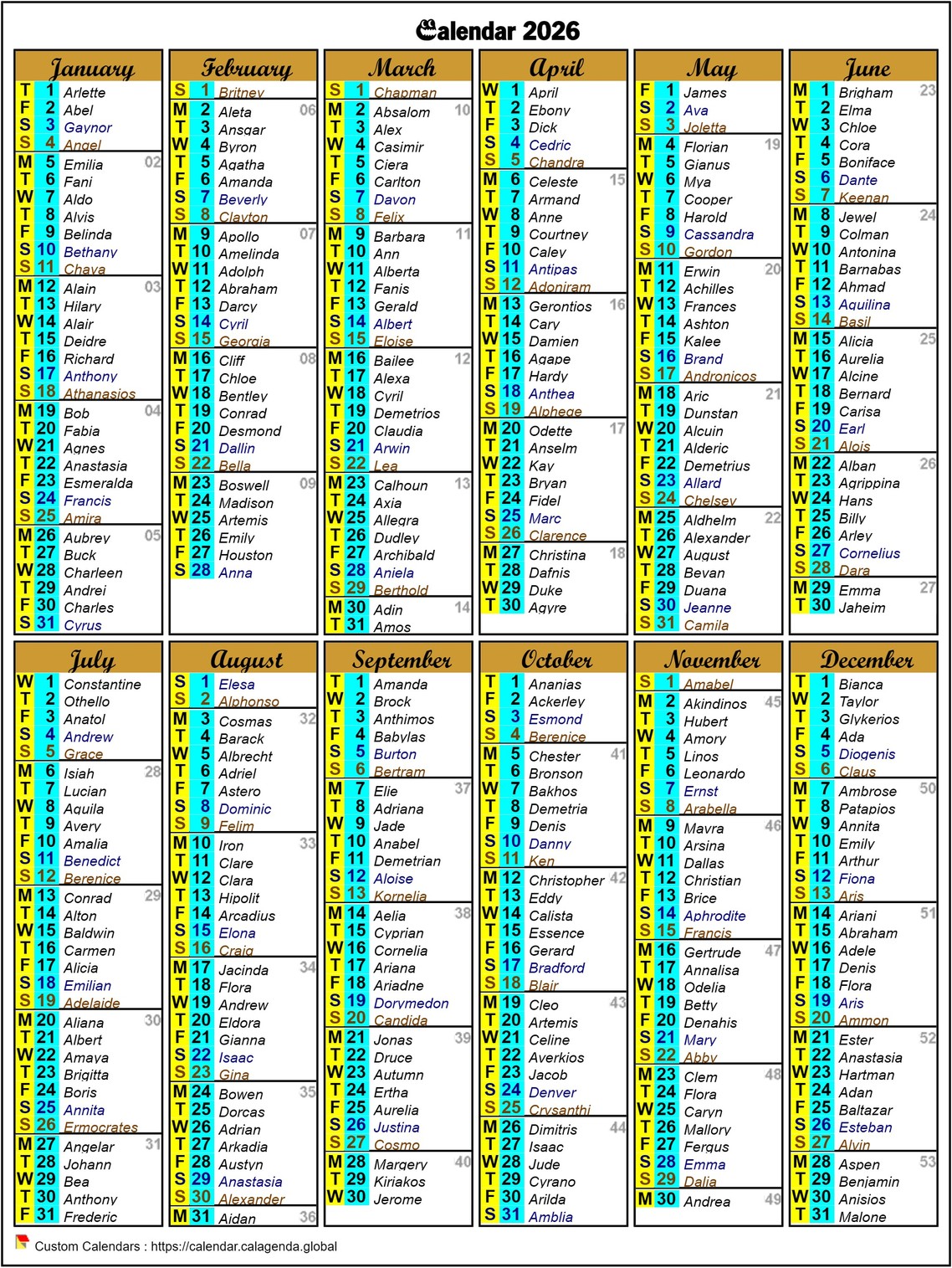 Calendar 2026 annual of six columns in format portrait