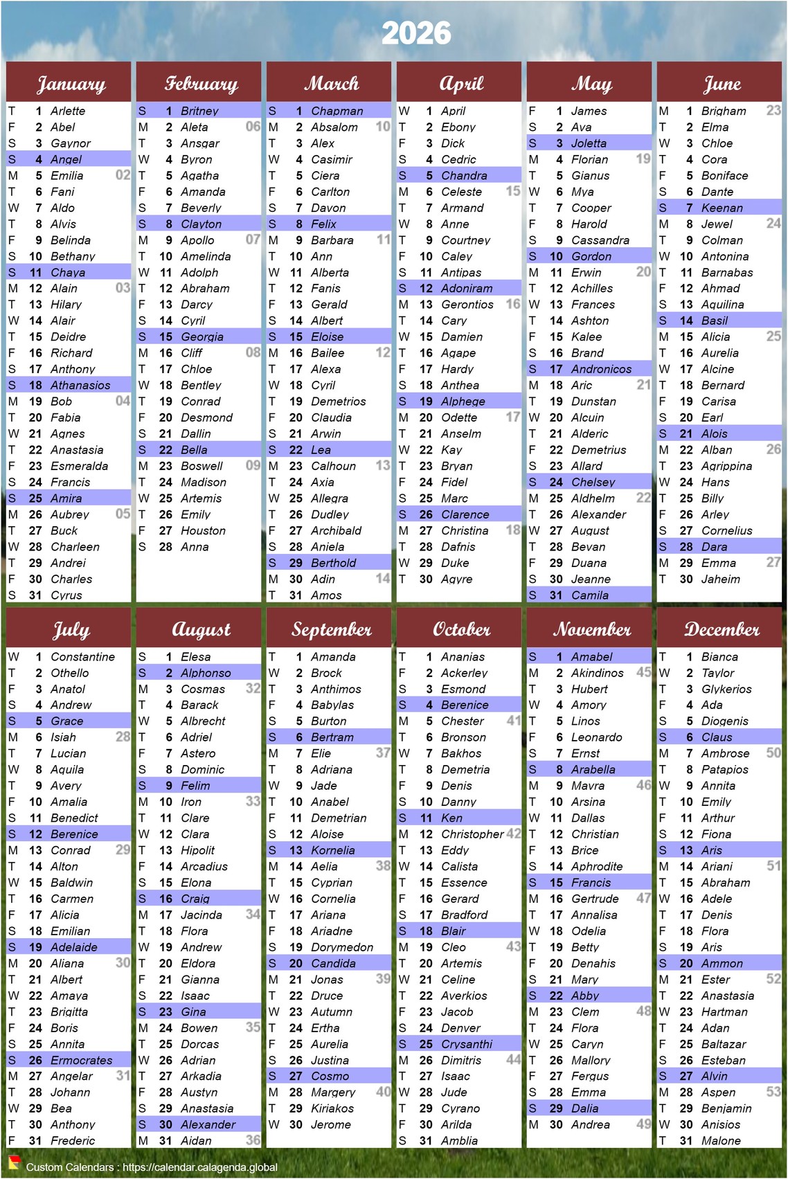 Annual calendar 2026 to print portrait