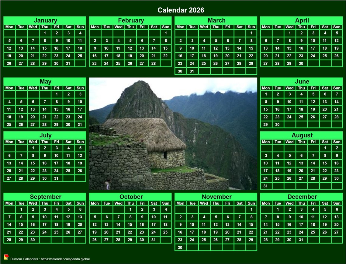 Calendar 2026 photo annual to print landscape, green background, format