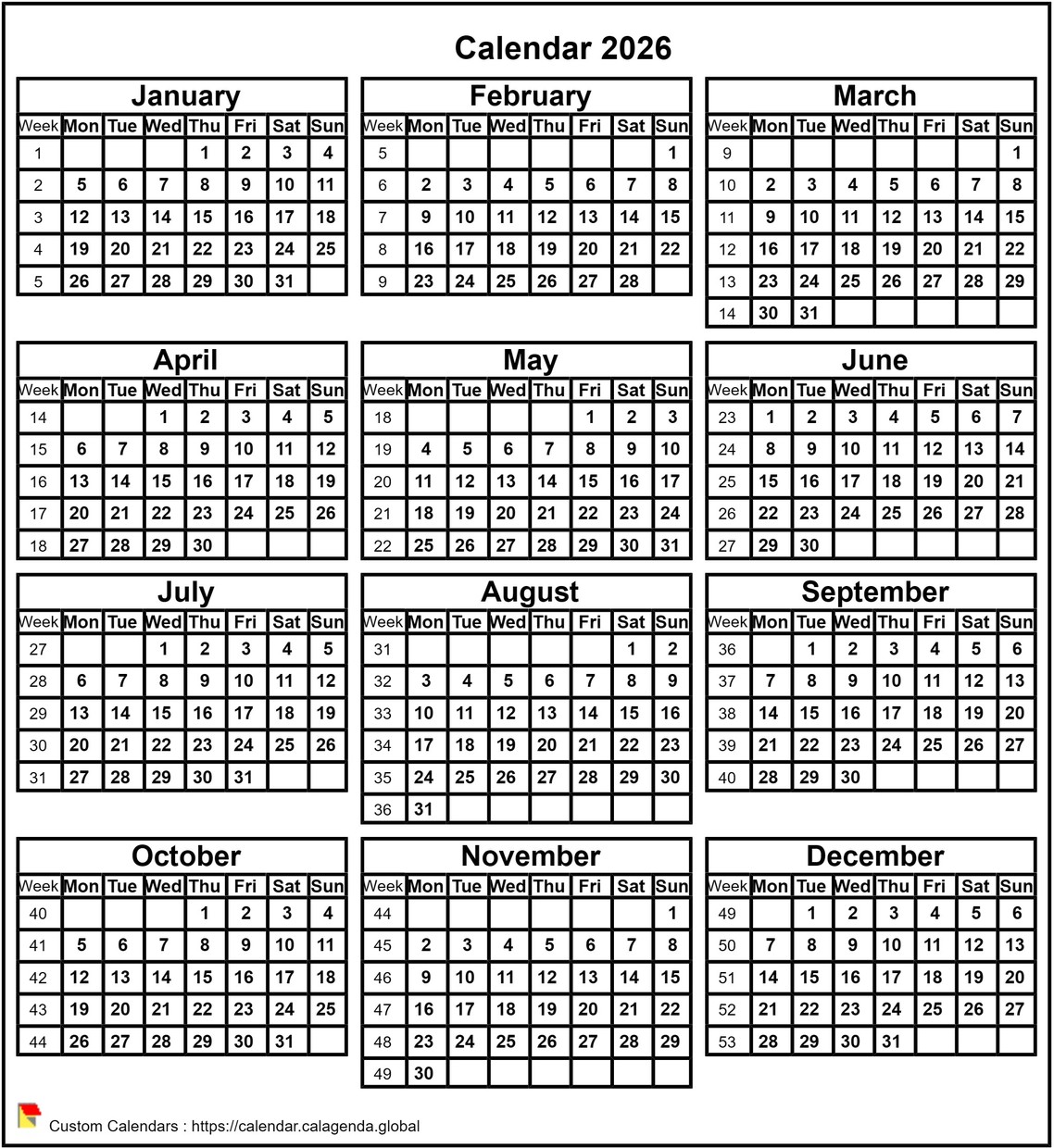 Calendar 2026 format portrait