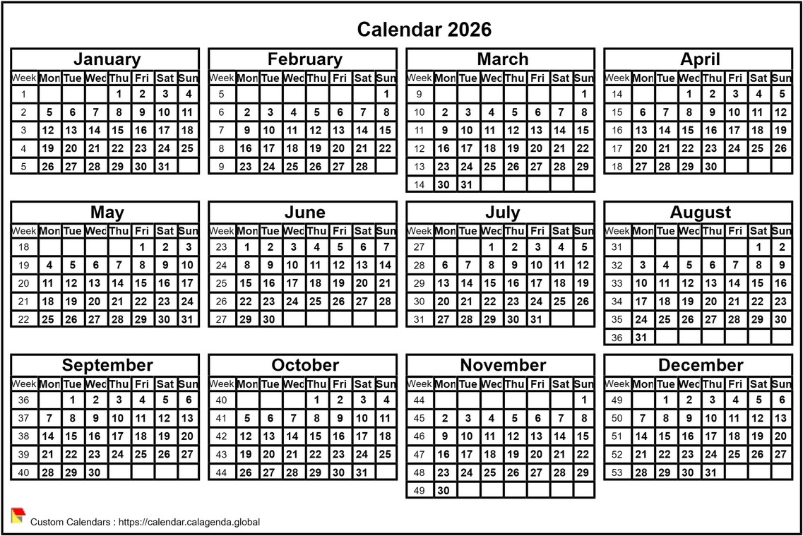 Calendar 2026 format landscape