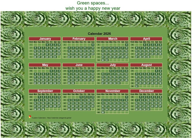 Calendar 2026 decorative annual to print, with frame photo green