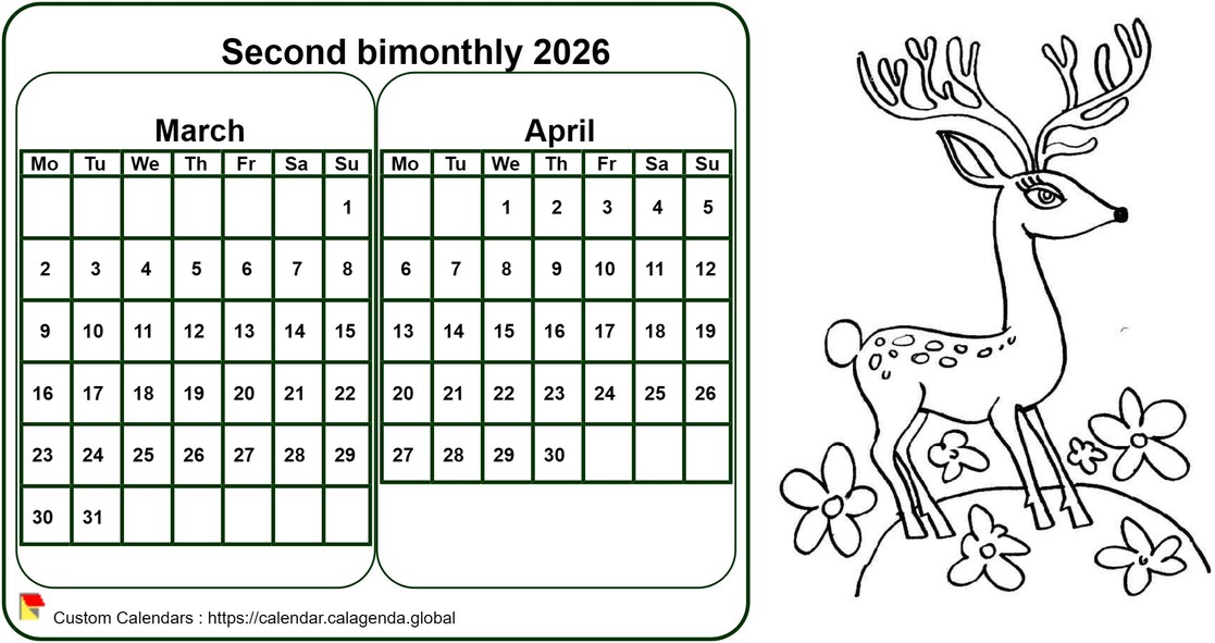 Calendar 2026 to color bimonthly, format landscape, for children