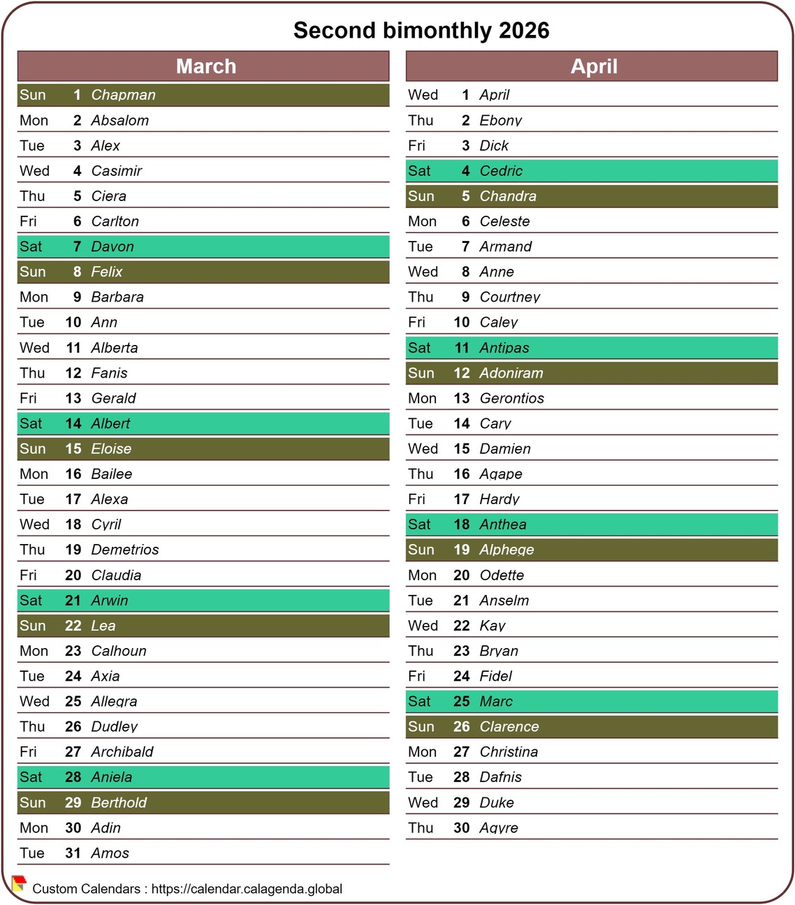 Calendar 2026 bimonthly with detailed agenda, format portrait, a column a month