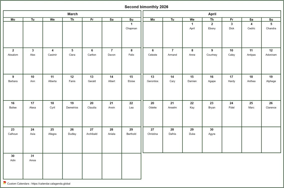 Calendar 2026 bimonthly, format landscape, with names