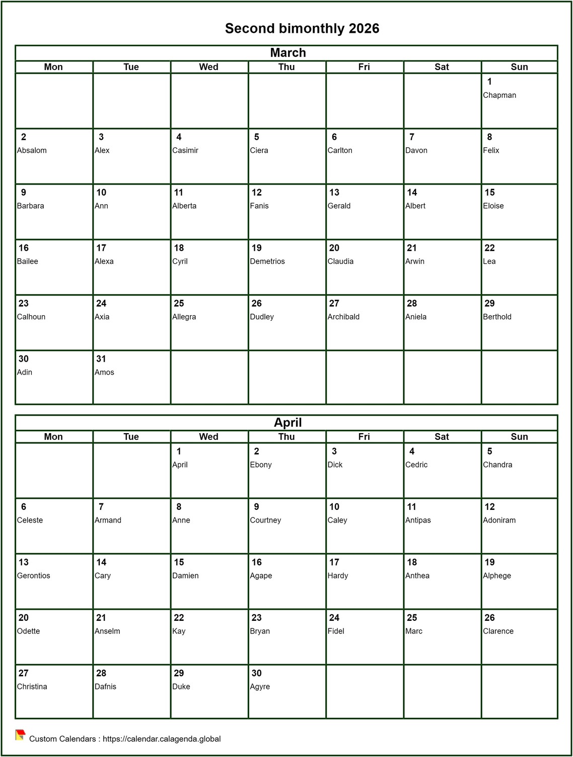 Calendar 2026 bimonthly, format portrait, with names