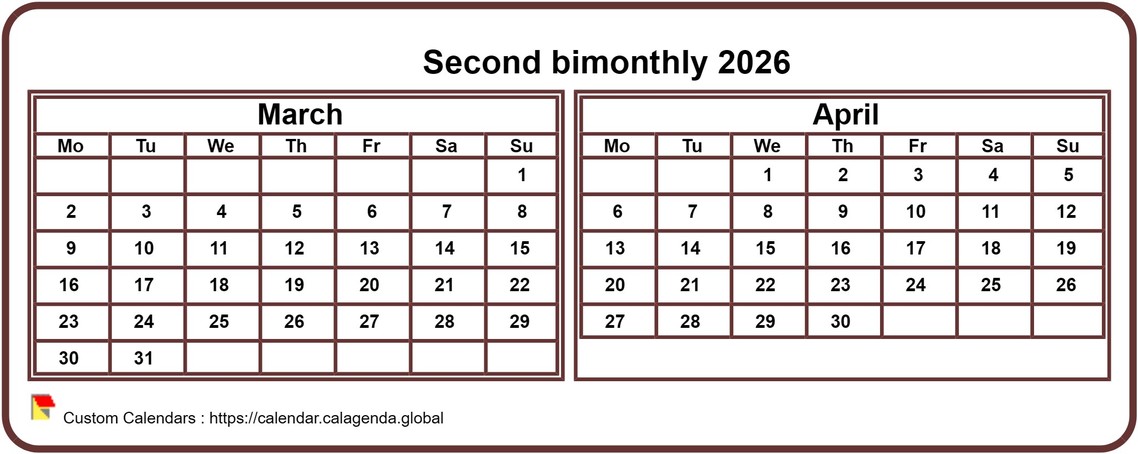 Calendar 2026 two months, tiny horizontal, pocket format, white background