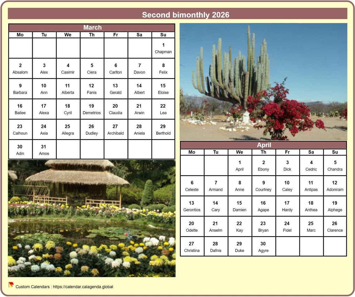 Calendar 2026 bimonthly with a different photo every month