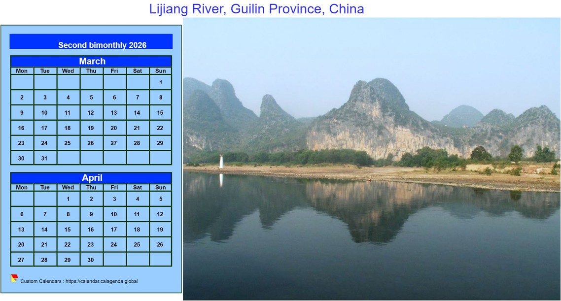 Calendar 2026 decorative to print, bimonthly, format landscape, with photo on the right