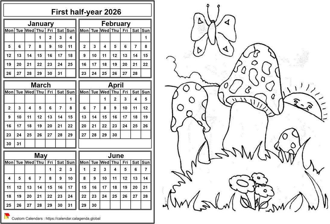 Calendar 2026 to color half-year, format landscape, for children