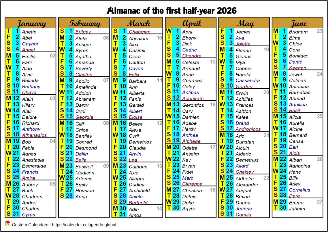 Calendar 2026 half-year six columns of format landscape