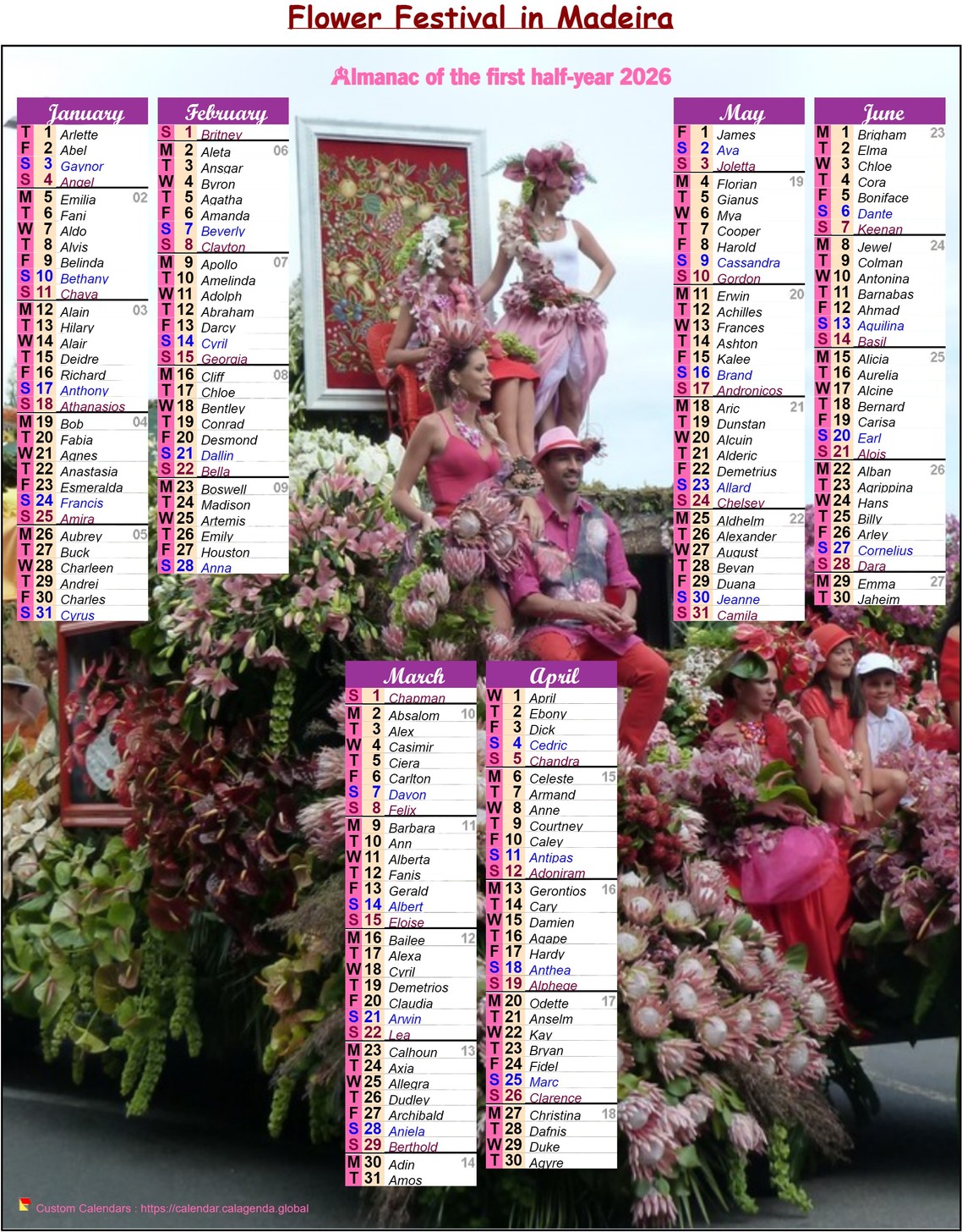 Calendar 2026 half-year flower festival in Madeira