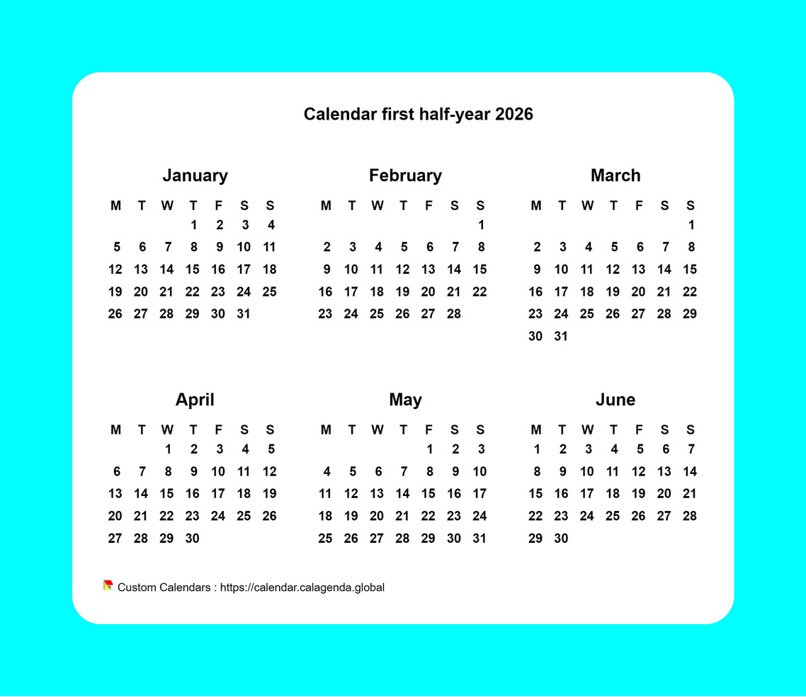 Calendar 2026 half-year with border