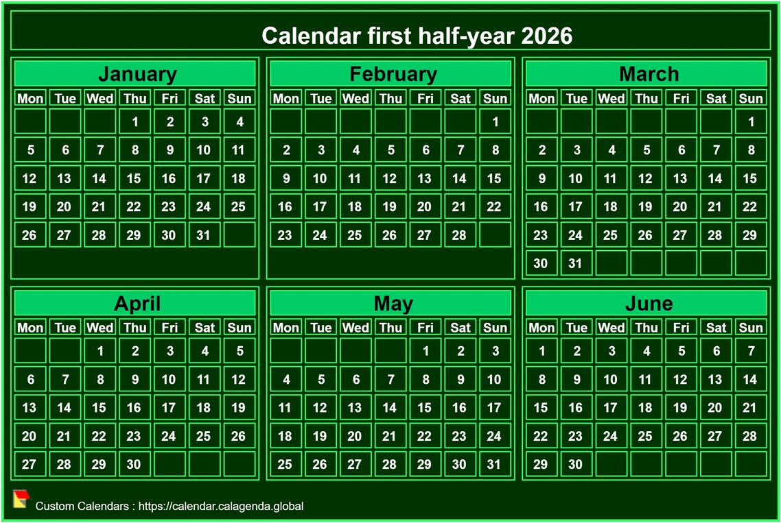 Calendar 2026 to print, half-year, tiny pocket format, green background