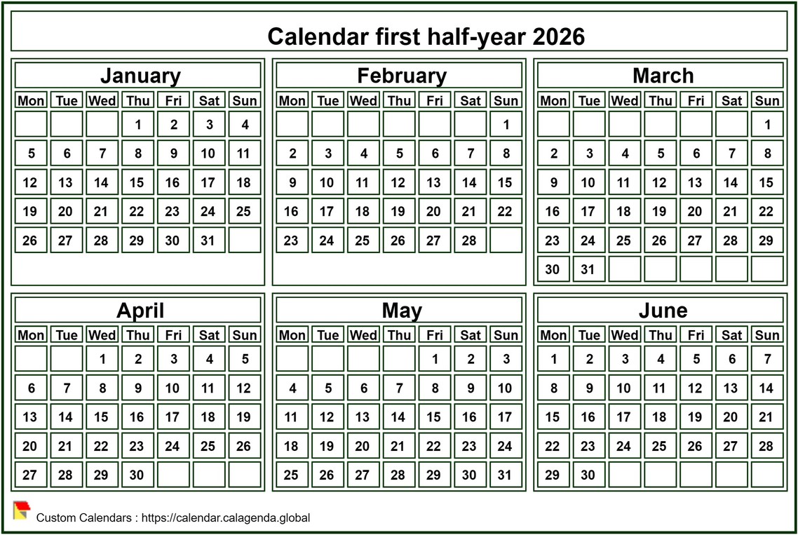 Calendar 2026 to print, half-year, tiny pocket format, white background