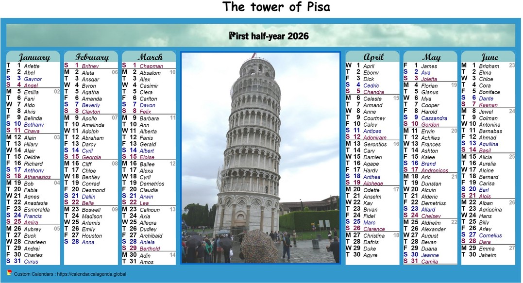 Calendar 2026 half-year in columns with photo in the middle