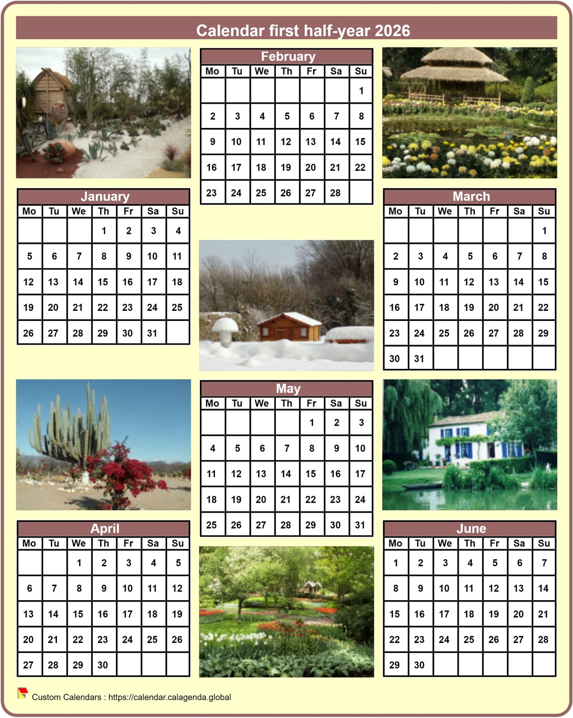 Calendar 2026 half-year with a different photo every month