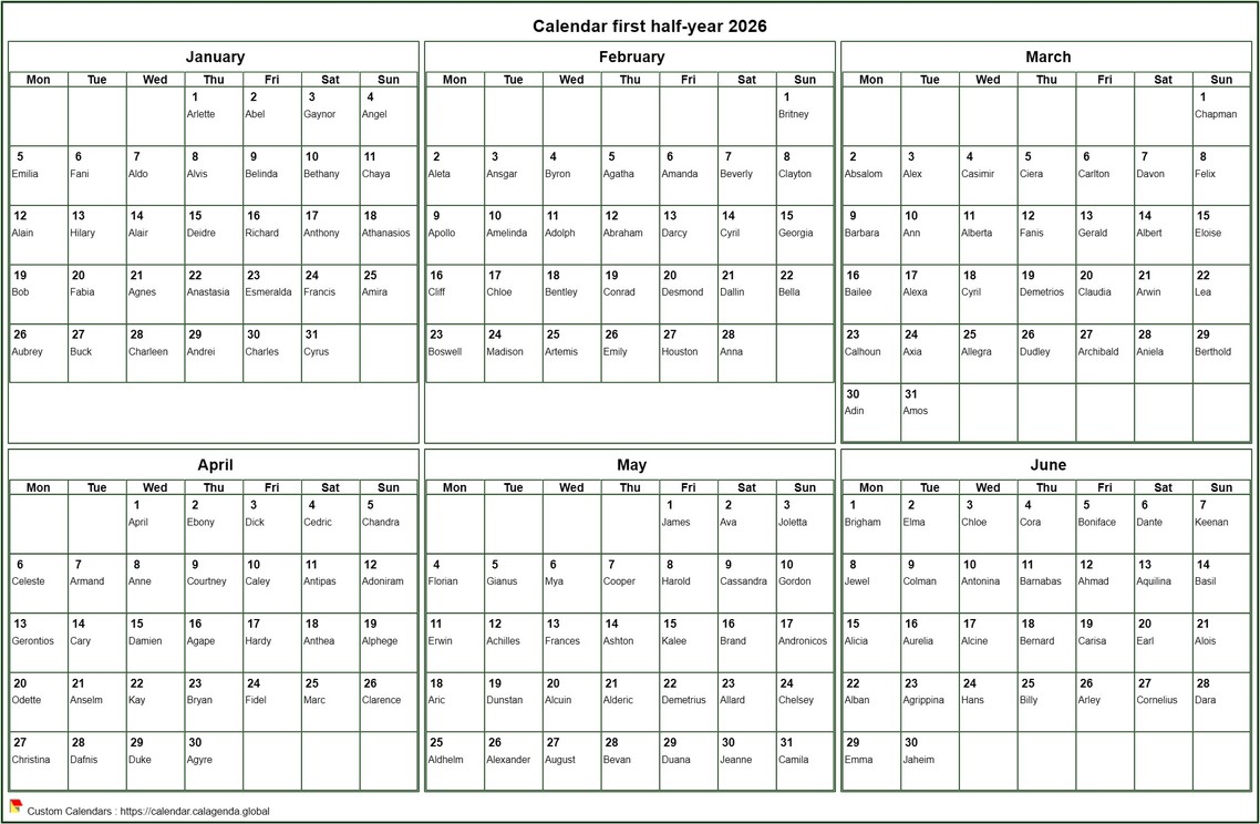 Calendar 2026 to print half-year, format landscape