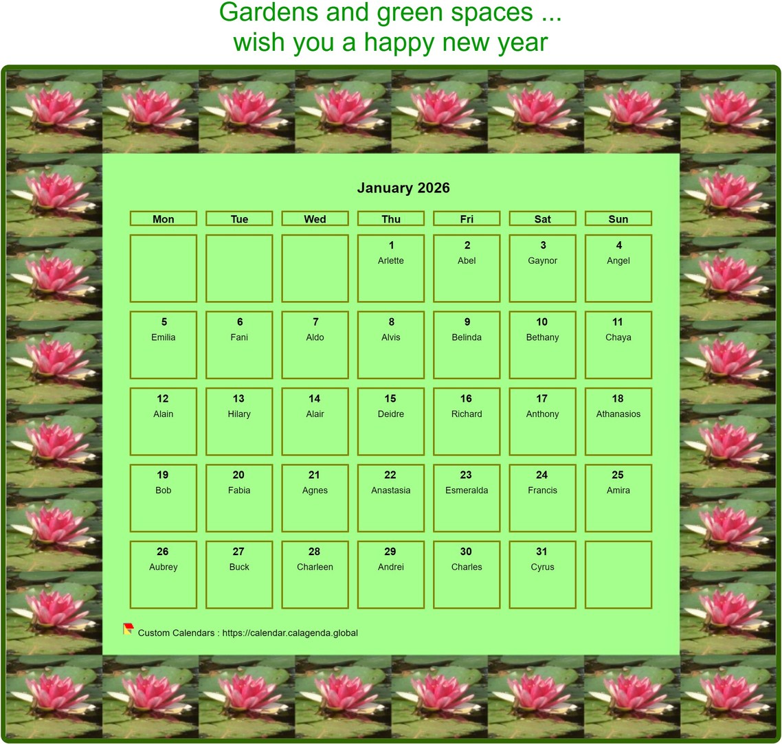 Calendar 2026 decorative agenda monthly, frame with motives waterlilies