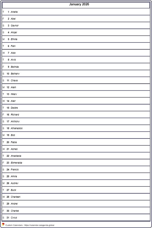 Calendar monthly 2026, detailed agenda, format portrait