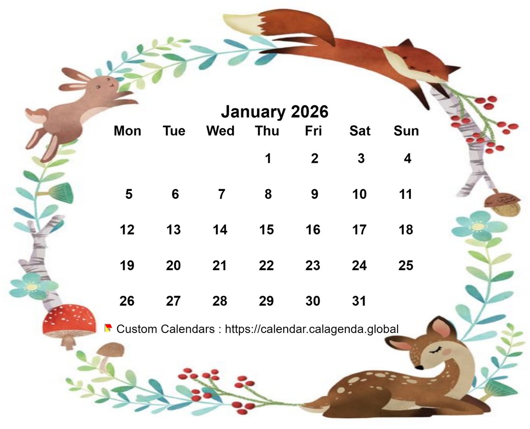 Calendar monthly 2026 flora and fauna style