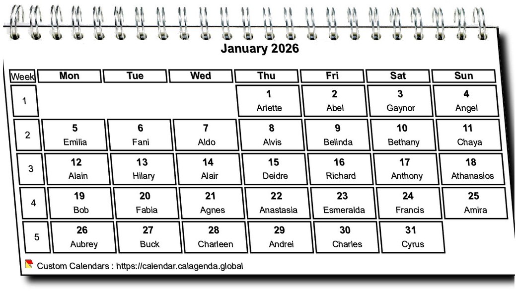 Calendar monthly 2026 in spirals