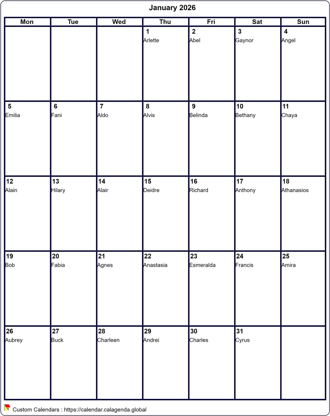 Calendar monthly 2026 to print virgin, format portrait