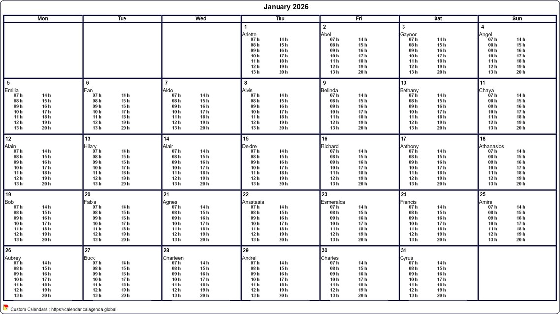 Calendar monthly 2026 to print virgin, with timetables in every box Calendar monthly 2026 to print virgin, with timetables in every box