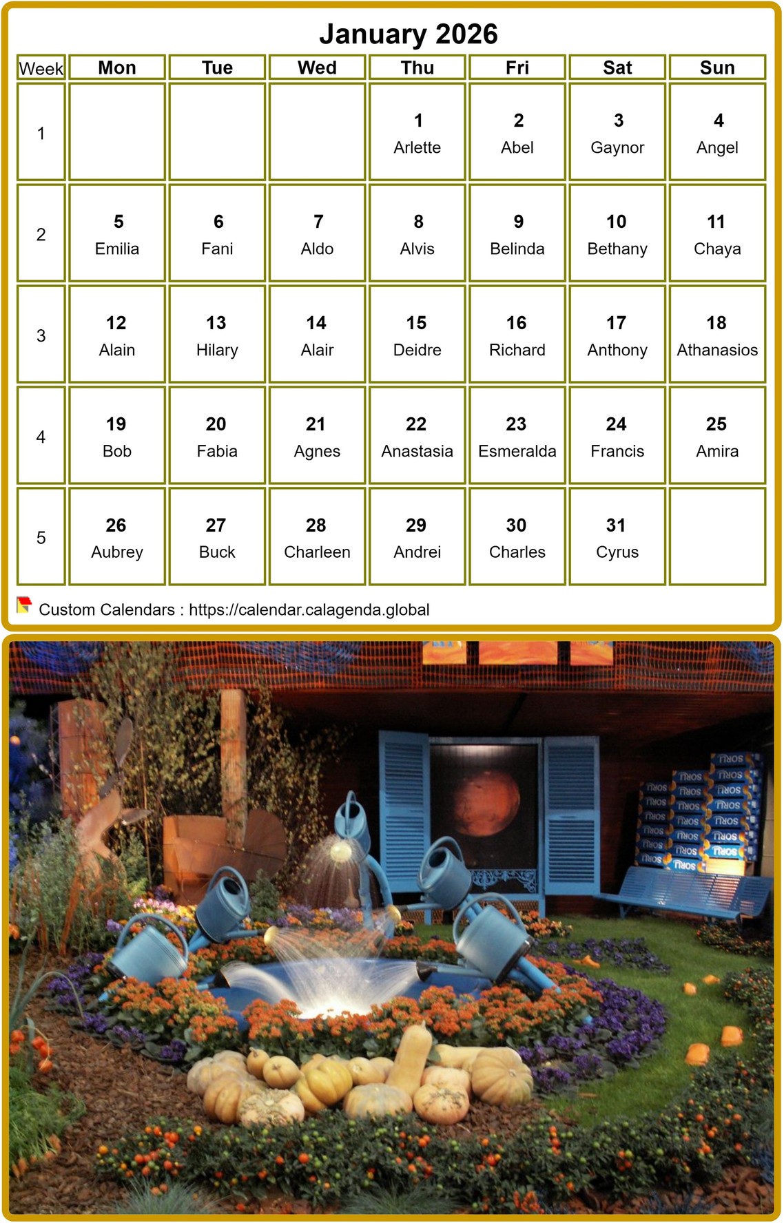 Calendar monthly 2026 to print, with photograph in underside