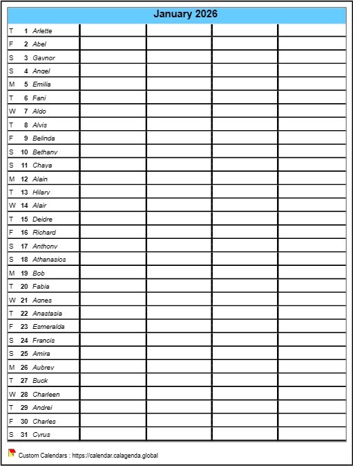Calendar planning monthly 2026 virgin, format portrait Calendar planning monthly 2026 virgin, format portrait
