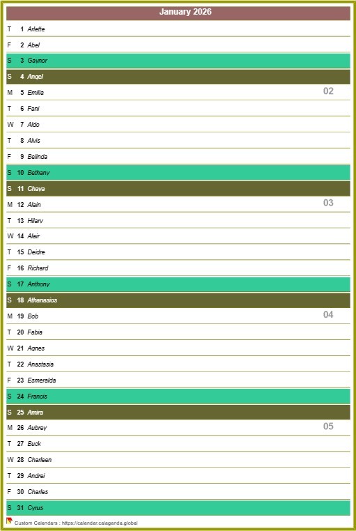 Calendar monthly 2026 in column