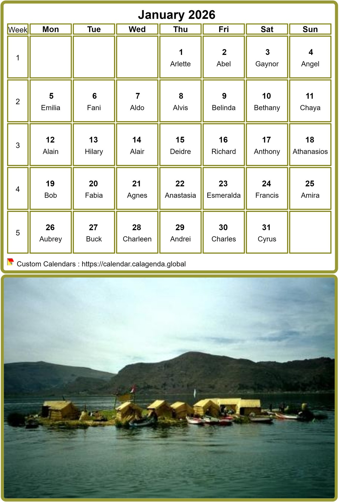 Calendar monthly 2026, table with photo