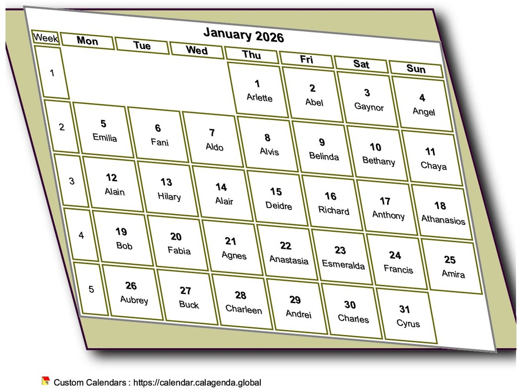 Calendar monthly 2026 to print, style 3D