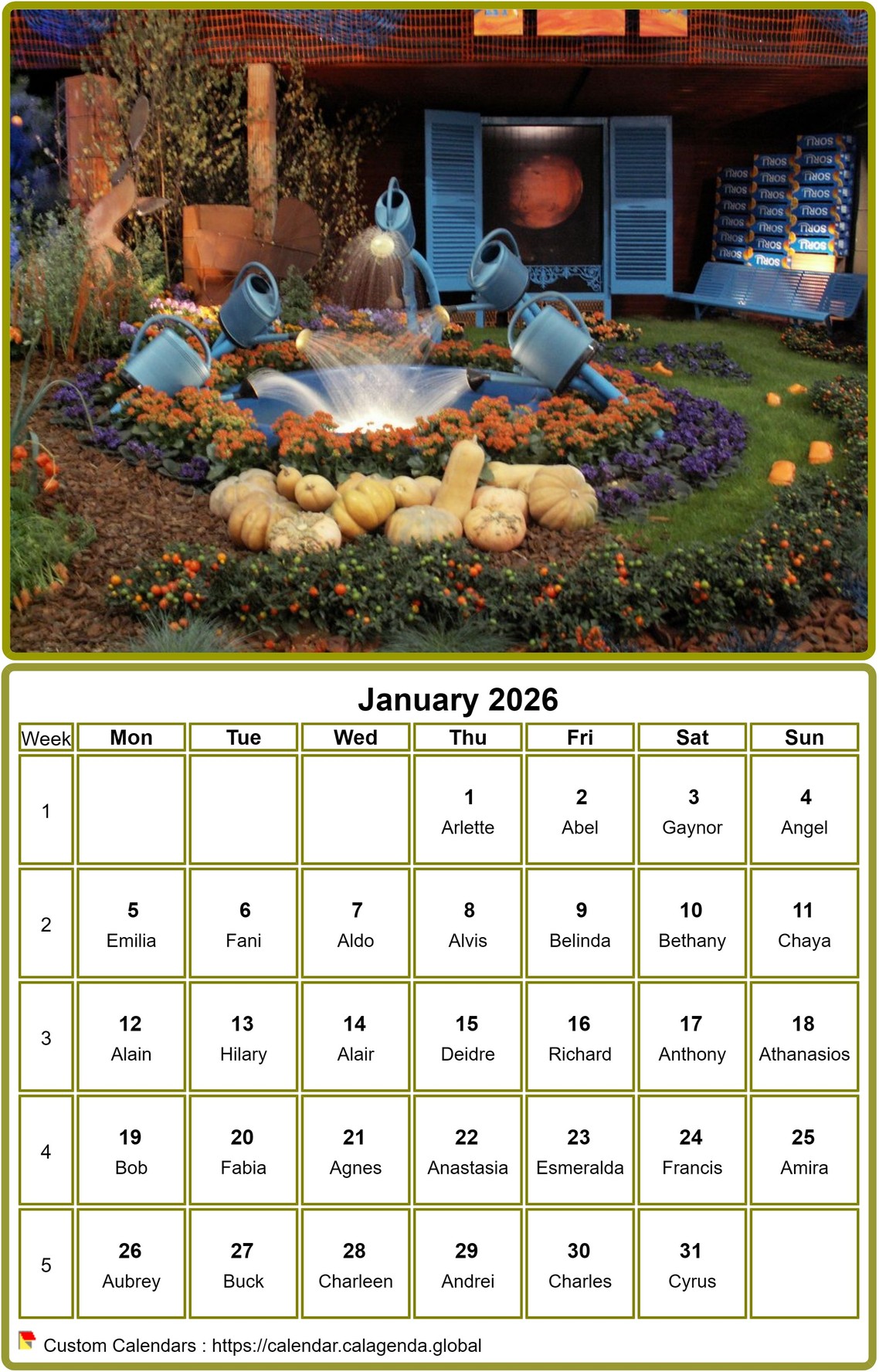 Calendar 2026 to print, monthly, with photo at the top