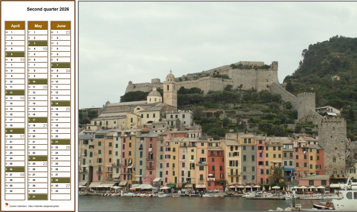 Calendar 2026 to print quarterly, format landscape, a column a month, to the left of a photo