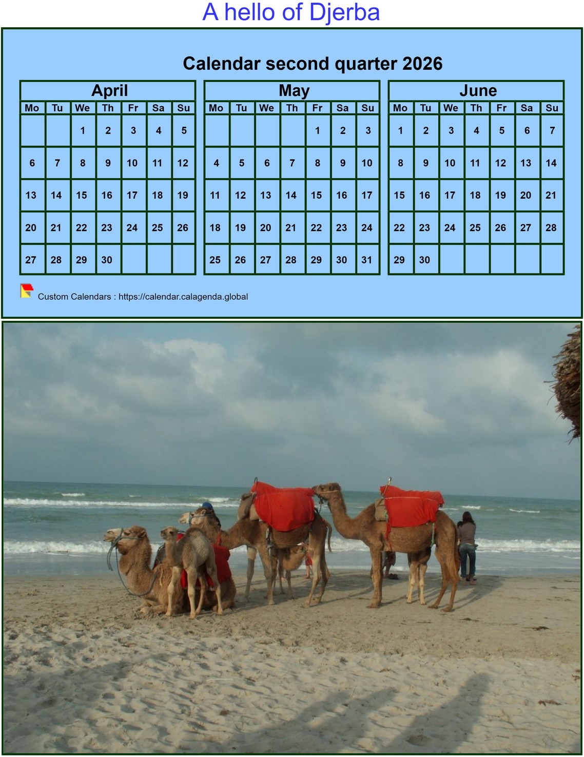 Calendar 2026 to print quarterly, tiny format, blue background, with photo